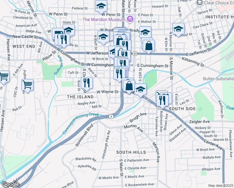 map of restaurants, bars, coffee shops, grocery stores, and more near 109 West Wayne Street in Butler