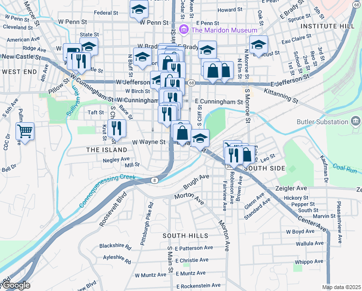 map of restaurants, bars, coffee shops, grocery stores, and more near 119 East Wayne Street in Butler