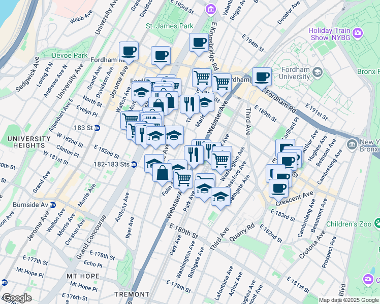 map of restaurants, bars, coffee shops, grocery stores, and more near 382 East 184th Street in The Bronx