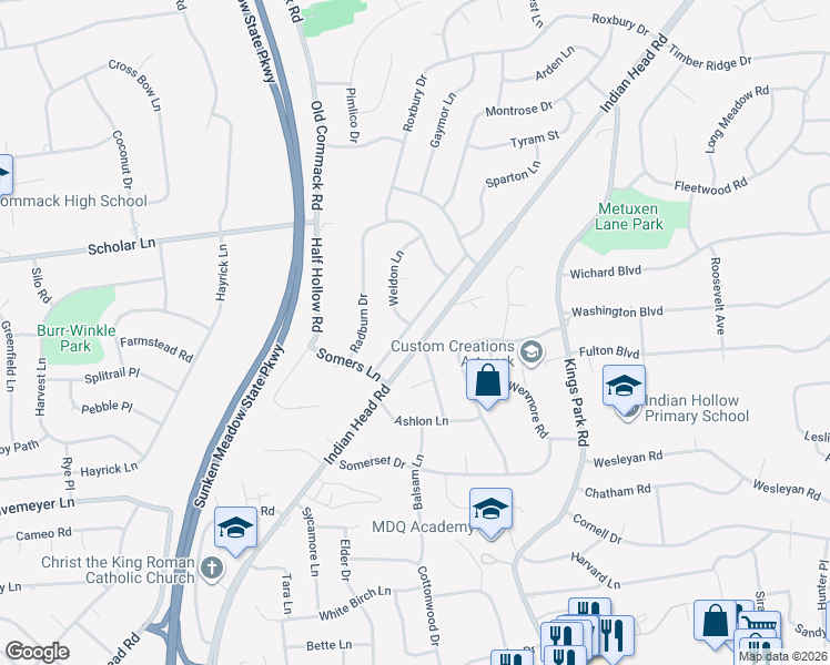 map of restaurants, bars, coffee shops, grocery stores, and more near 17 Ramsey Road in Commack