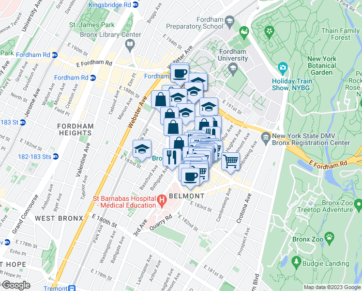 map of restaurants, bars, coffee shops, grocery stores, and more near East 187th Street & Bathgate Avenue in Bronx