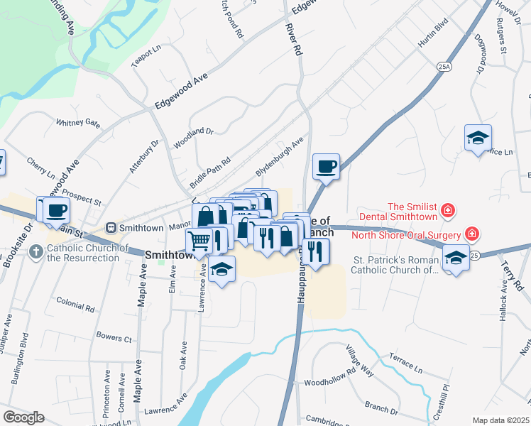 map of restaurants, bars, coffee shops, grocery stores, and more near 23 Bellemeade Avenue in Smithtown