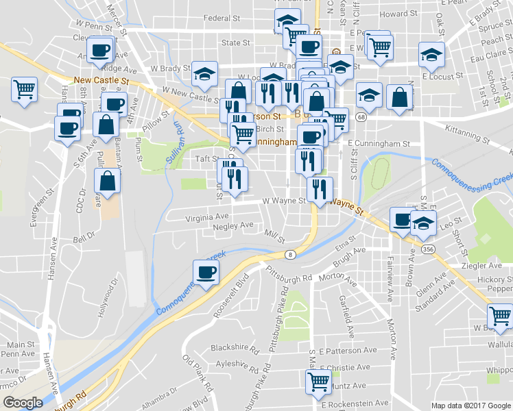 map of restaurants, bars, coffee shops, grocery stores, and more near 305 West Wayne Street in Butler