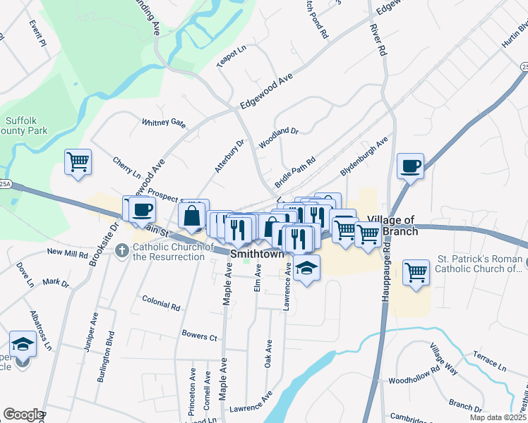 map of restaurants, bars, coffee shops, grocery stores, and more near Call Lane in Smithtown
