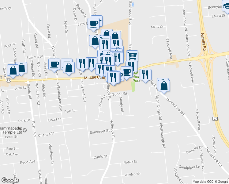 map of restaurants, bars, coffee shops, grocery stores, and more near 110 Tudor Road in Centereach