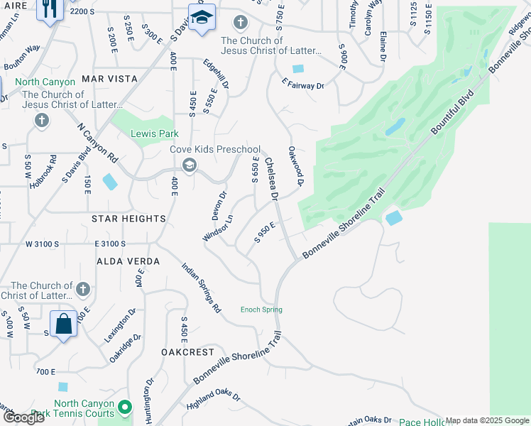 map of restaurants, bars, coffee shops, grocery stores, and more near 2981 Oakwood Drive in Bountiful