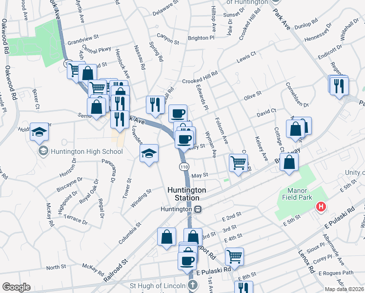 map of restaurants, bars, coffee shops, grocery stores, and more near 1024 New York Avenue in Huntington Station