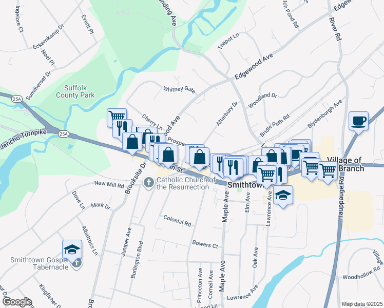 map of restaurants, bars, coffee shops, grocery stores, and more near 35 Elliott Place in Smithtown