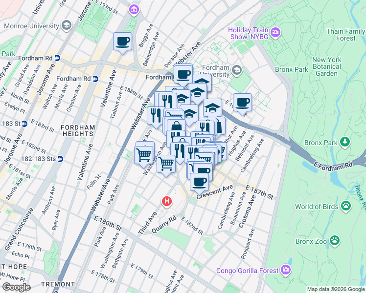 map of restaurants, bars, coffee shops, grocery stores, and more near East 187th Street in Bronx