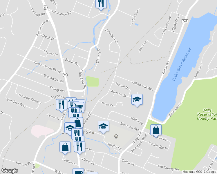 map of restaurants, bars, coffee shops, grocery stores, and more near 186 Bowden Road in Cedar Grove