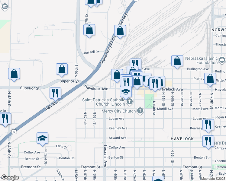 map of restaurants, bars, coffee shops, grocery stores, and more near 5935 Havelock Avenue in Lincoln