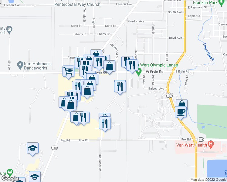 map of restaurants, bars, coffee shops, grocery stores, and more near 1119 Westwood Drive in Van Wert
