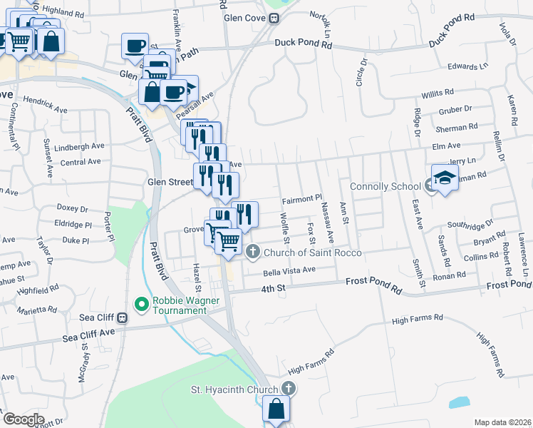 map of restaurants, bars, coffee shops, grocery stores, and more near 6 Washington St in Glen Cove