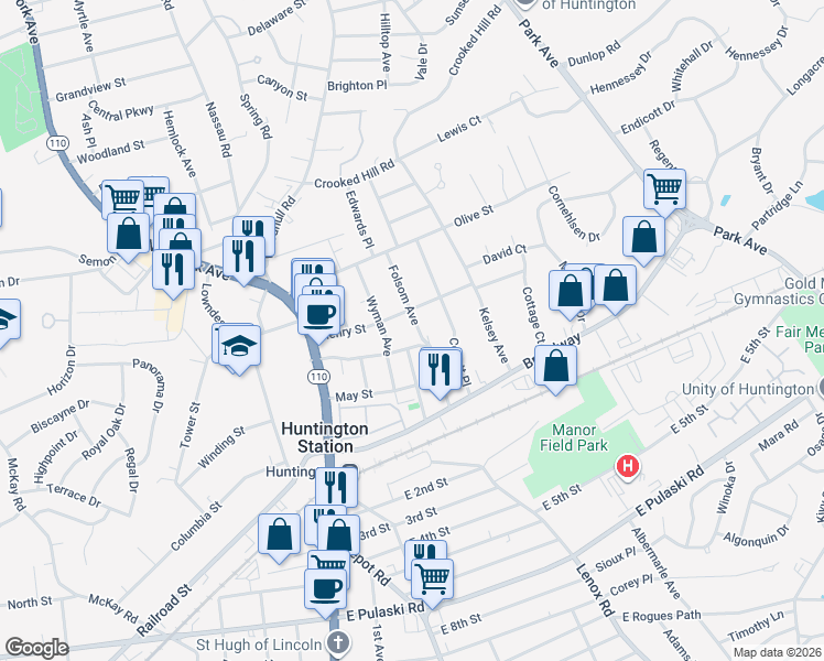 map of restaurants, bars, coffee shops, grocery stores, and more near 66 Folsom Avenue in Huntington Station