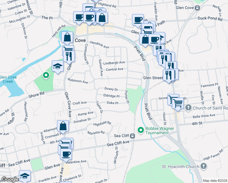 map of restaurants, bars, coffee shops, grocery stores, and more near 18 Doxey Drive in Glen Cove