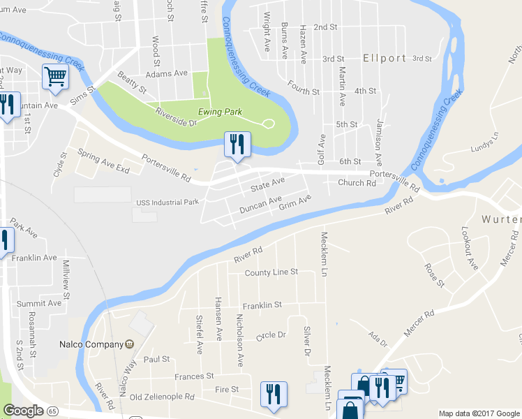 map of restaurants, bars, coffee shops, grocery stores, and more near 207 Duncan Avenue in Ellwood City