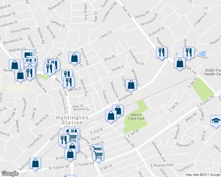 map of restaurants, bars, coffee shops, grocery stores, and more near 21 Kelsey Avenue in Huntington Station