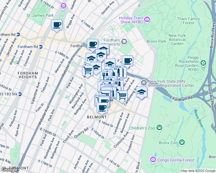 map of restaurants, bars, coffee shops, grocery stores, and more near E 188th St & Hoffman St in Bronx