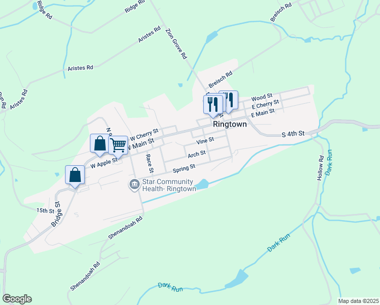 map of restaurants, bars, coffee shops, grocery stores, and more near 223 Arch Street in Ringtown