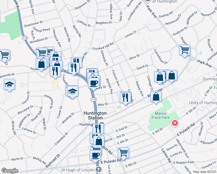 map of restaurants, bars, coffee shops, grocery stores, and more near 54 Henry Street in Huntington Station