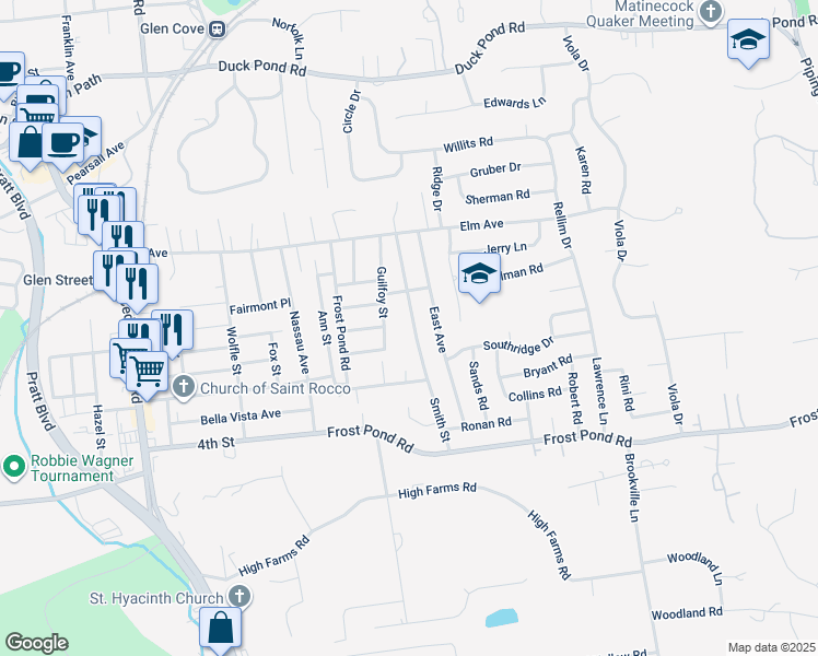 map of restaurants, bars, coffee shops, grocery stores, and more near 31 Guilfoy Street in Glen Cove