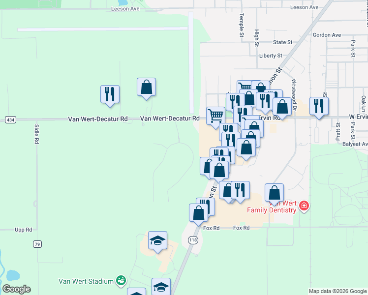 map of restaurants, bars, coffee shops, grocery stores, and more near 1155 South Shannon Street in Van Wert