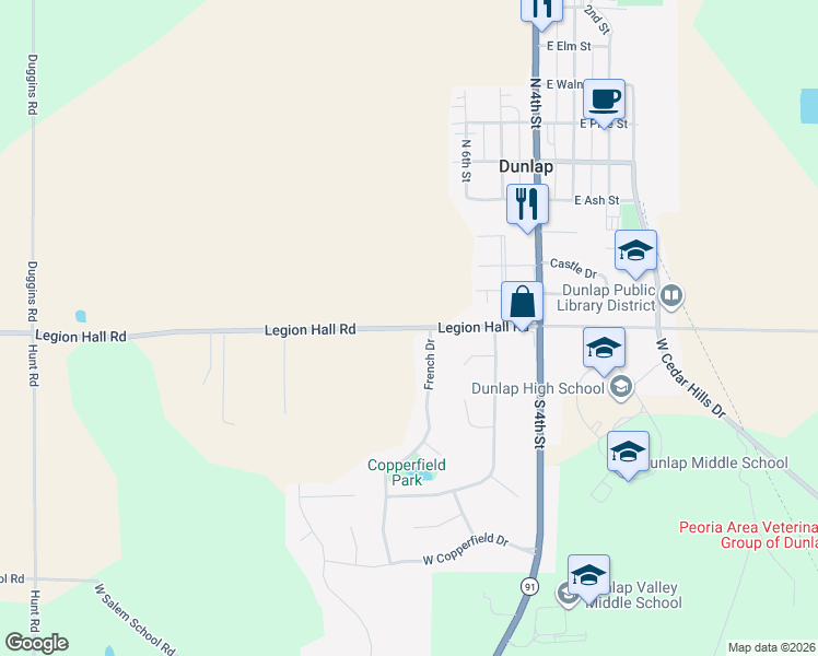 map of restaurants, bars, coffee shops, grocery stores, and more near 5901 Legion Hall Road in Dunlap