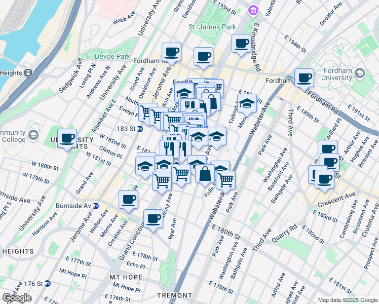 map of restaurants, bars, coffee shops, grocery stores, and more near 2310 Grand Concourse in The Bronx