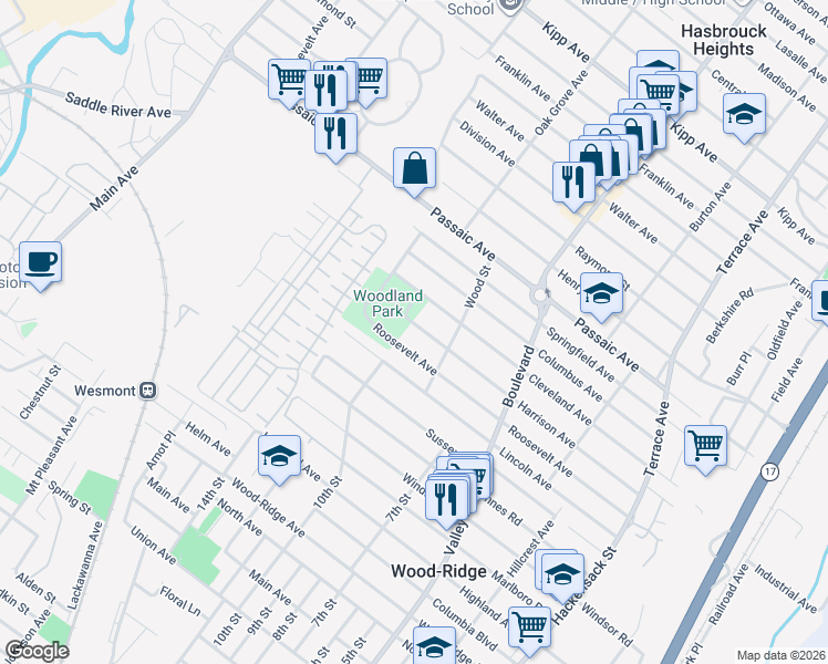 map of restaurants, bars, coffee shops, grocery stores, and more near 54 Harrison Avenue in Hasbrouck Heights
