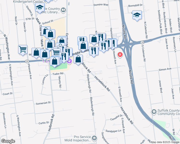map of restaurants, bars, coffee shops, grocery stores, and more near 62 Horseblock Road in Centereach