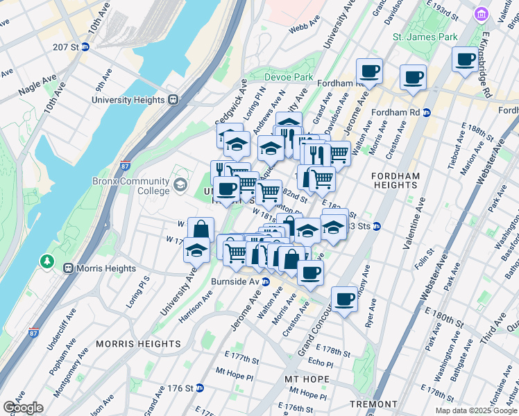 map of restaurants, bars, coffee shops, grocery stores, and more near 71 West 181st Street in The Bronx