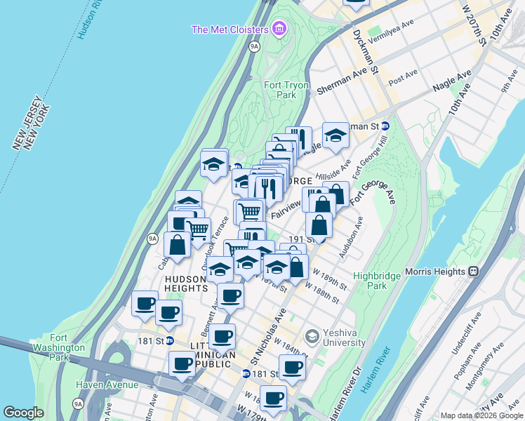 map of restaurants, bars, coffee shops, grocery stores, and more near 4441 Broadway in New York