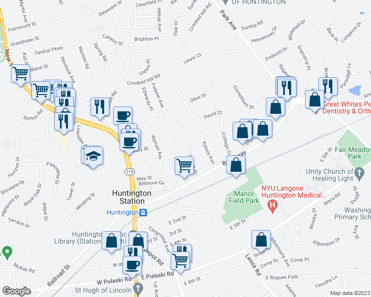 map of restaurants, bars, coffee shops, grocery stores, and more near 23 Corlett Place in Huntington Station