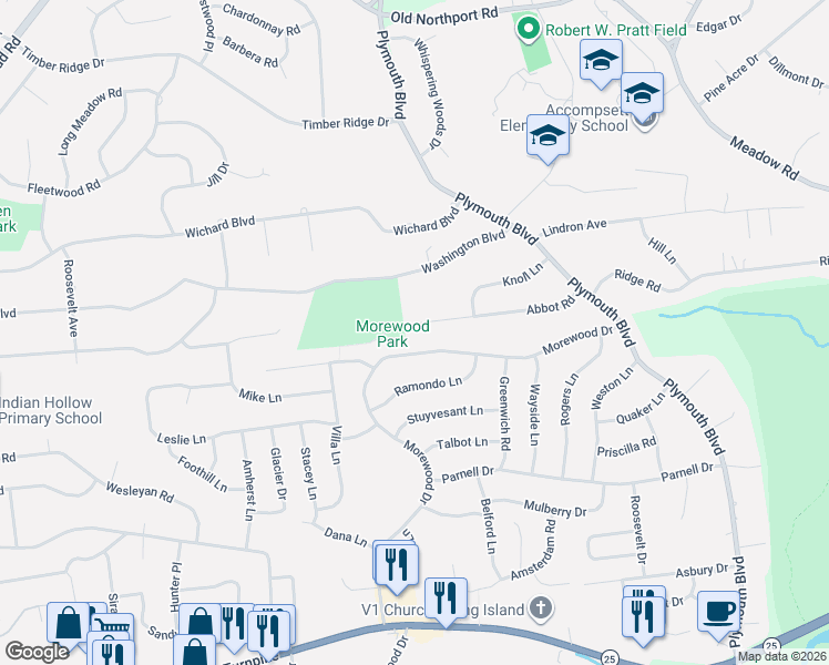 map of restaurants, bars, coffee shops, grocery stores, and more near 48 Abbot Road in Smithtown
