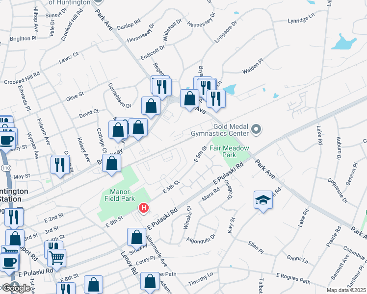 map of restaurants, bars, coffee shops, grocery stores, and more near 1806 Townhome Way in Huntington Station