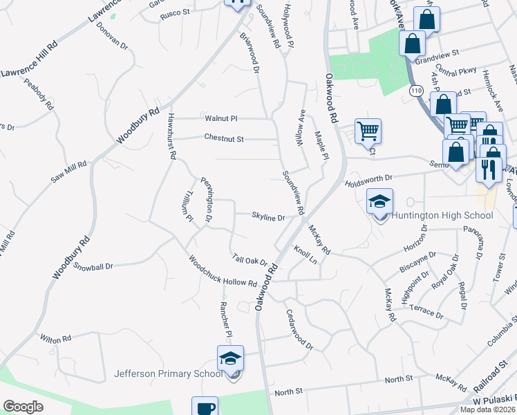 map of restaurants, bars, coffee shops, grocery stores, and more near 16 Skyline Drive in Huntington