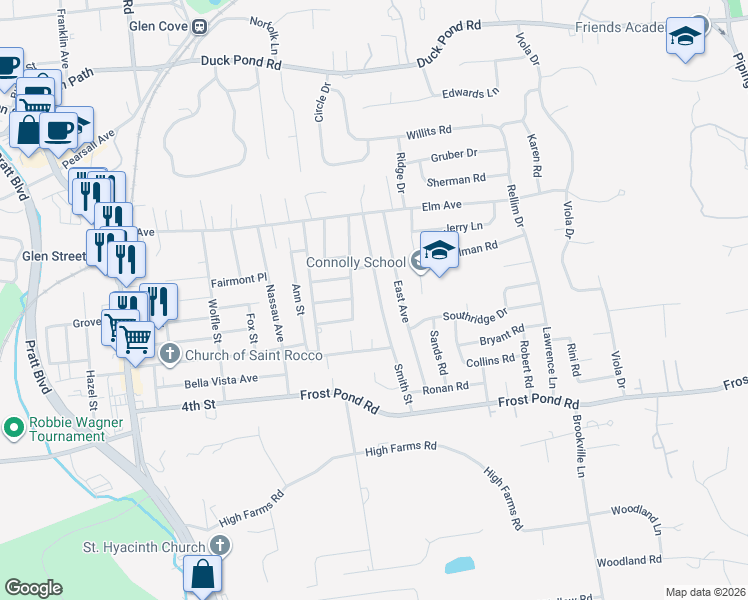 map of restaurants, bars, coffee shops, grocery stores, and more near 31 Guilfoy Street in Glen Cove