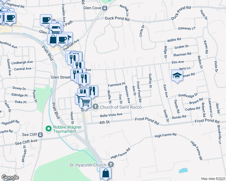 map of restaurants, bars, coffee shops, grocery stores, and more near 31 Wolfle Street in Glen Cove