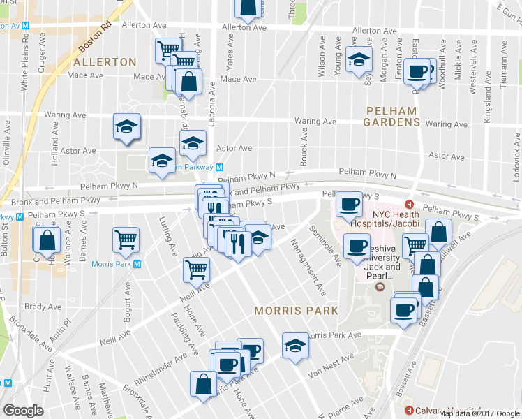 map of restaurants, bars, coffee shops, grocery stores, and more near 1204 Pelham Parkway South in Bronx
