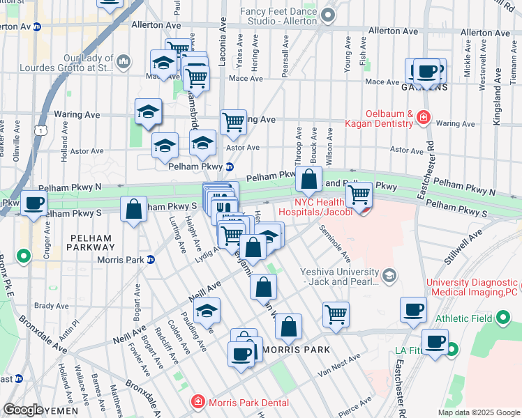 map of restaurants, bars, coffee shops, grocery stores, and more near 1176 Pelham Parkway South in Bronx
