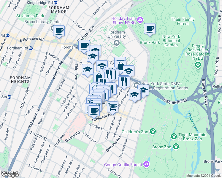 map of restaurants, bars, coffee shops, grocery stores, and more near 2471 Hughes Avenue in Bronx