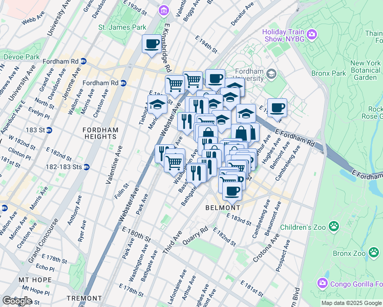 map of restaurants, bars, coffee shops, grocery stores, and more near in The Bronx