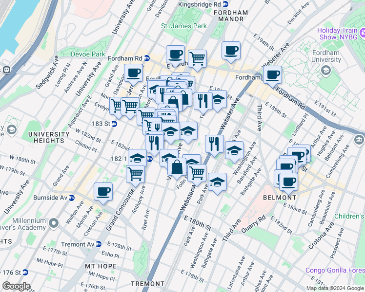 map of restaurants, bars, coffee shops, grocery stores, and more near 2307 Tiebout Avenue in Bronx