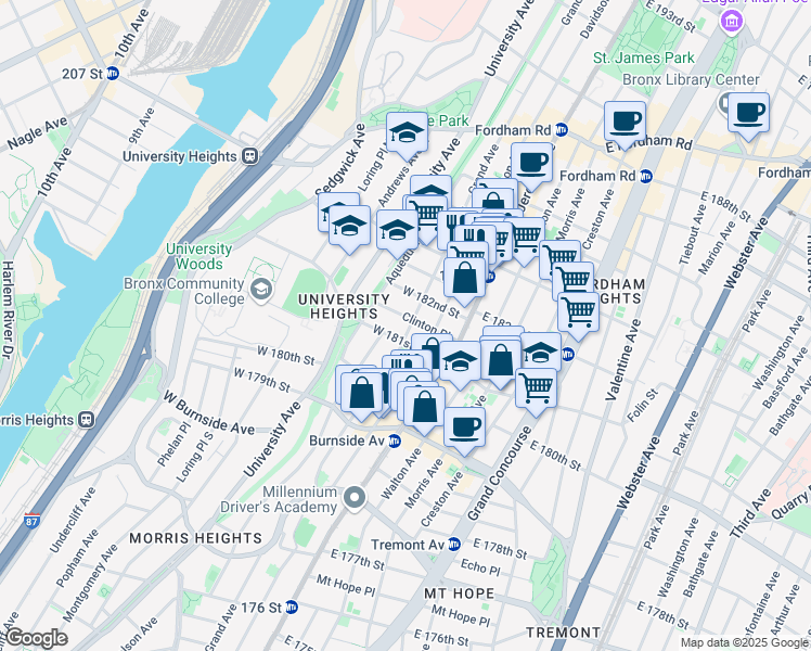 map of restaurants, bars, coffee shops, grocery stores, and more near 2176 Grand Avenue in Bronx