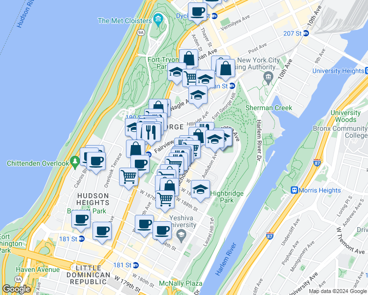 map of restaurants, bars, coffee shops, grocery stores, and more near 390 Wadsworth Avenue in New York