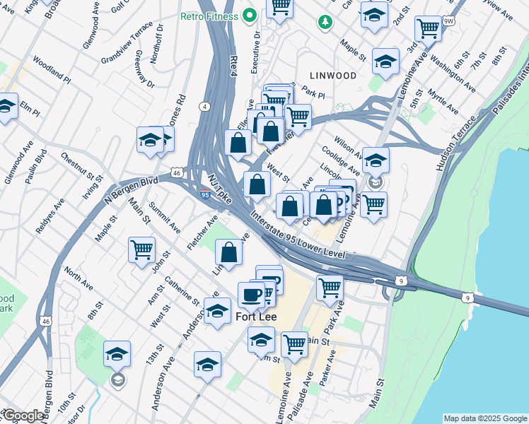 map of restaurants, bars, coffee shops, grocery stores, and more near in Fort Lee