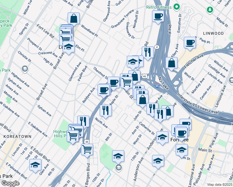 map of restaurants, bars, coffee shops, grocery stores, and more near 1666 Bergen Boulevard in Fort Lee