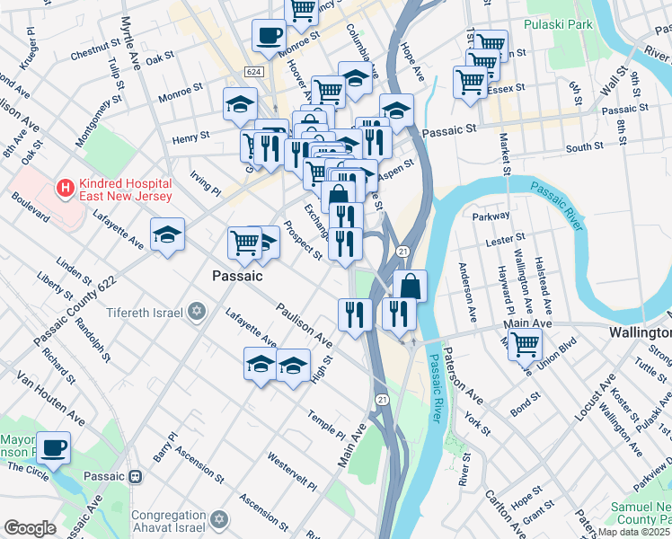map of restaurants, bars, coffee shops, grocery stores, and more near 26 Prospect Street in Passaic