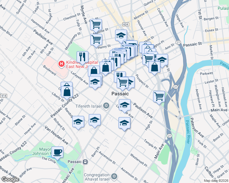 map of restaurants, bars, coffee shops, grocery stores, and more near 227 Paulison Avenue in Passaic