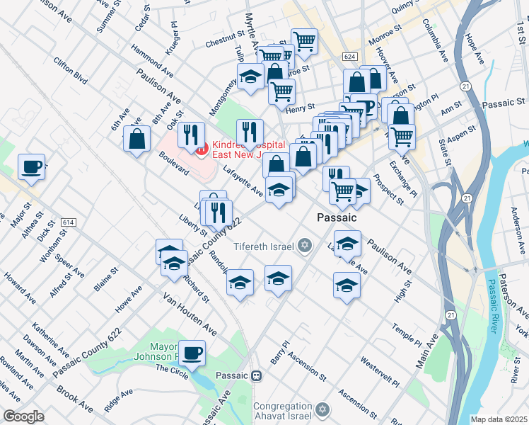 map of restaurants, bars, coffee shops, grocery stores, and more near 215 Broadway in Passaic